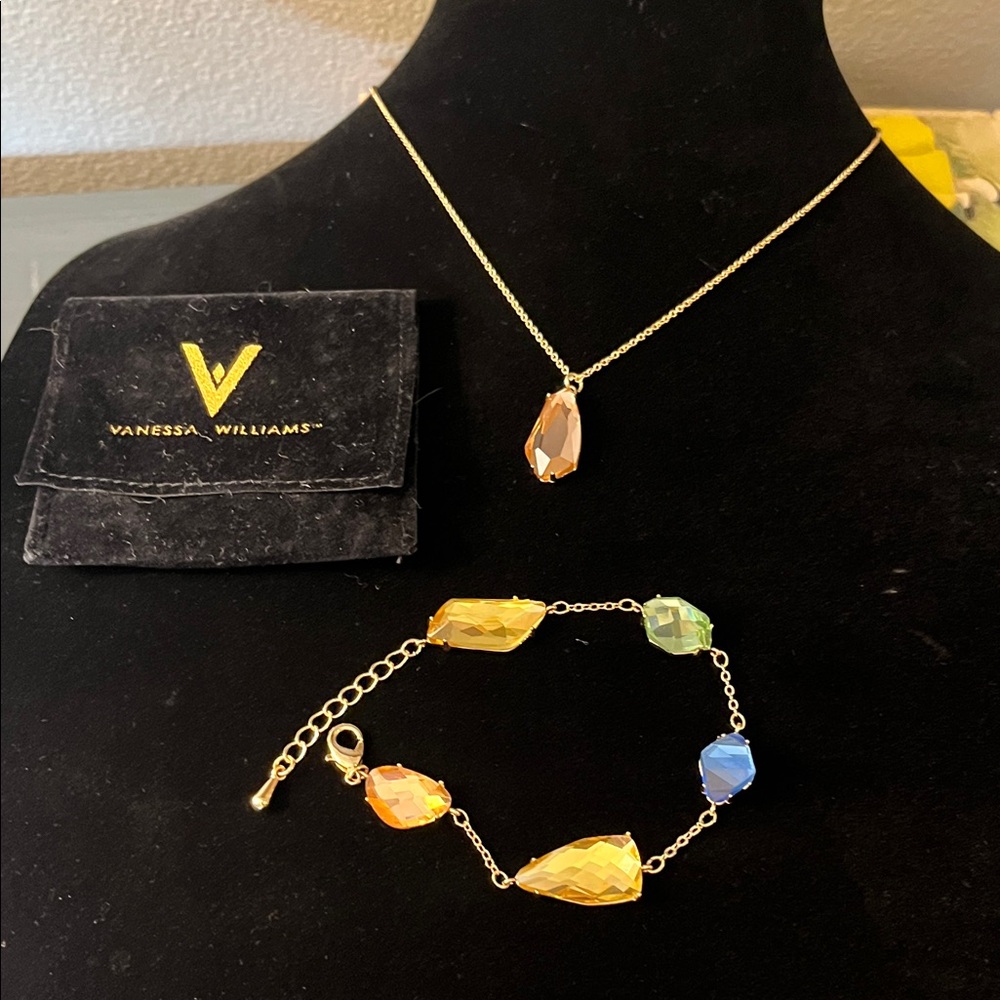 Vanessa Williams Gold Tone and Gem Stones Necklace and Bracelet Set NWOT